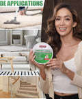 Woman holding heavy duty double sided rug tape for hardwood floors and tile non slip anti curling floor tape for area rugs.