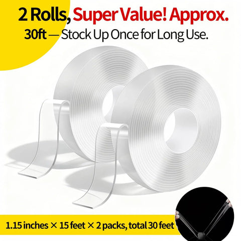 Heavy Duty Double Sided Mounting Tape 1.2 Inch Wide by 15 Ft Per Roll, 30 Ft Total, Removable and Residue Free, two rolls shown
