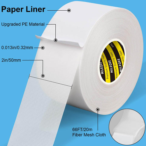 Double Sided Mounting Tape Heavy Duty 2 Inch By 66 Feet with fiberglass mesh and clear adhesive, white tape on roll