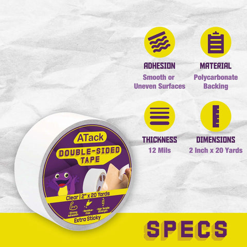 Extra Sticky Clear Double Sided Tape Removable Heavy Duty Mounting Tape 2 Inch By 20 Yards packaging with specs