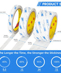 Three rolls of Double Sided Tape 0.5 Inch By 32.8 Feet Thin Translucent Removable Adhesive showing different widths and labels.