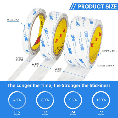 Three rolls of Double Sided Tape 0.5 Inch By 32.8 Feet Thin Translucent Removable Adhesive showing different widths and labels.