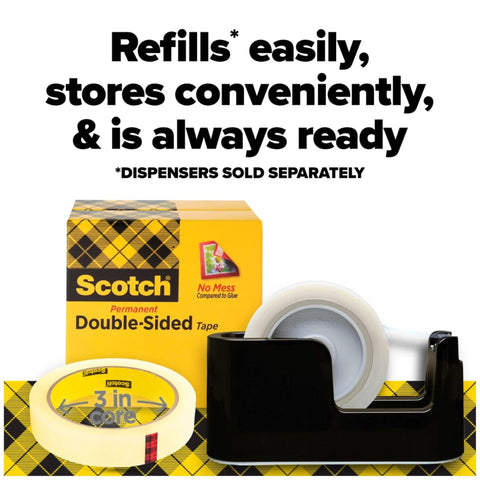 Image of Scotch permanent double-sided tape with dispenser, featuring a clear 1/2 inch by 36 yards roll and 3 inch core.