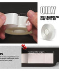 Transparent Double Sided Adhesive Tape 1/2 Inch By 10 Feet, Acrylic, Removable No Residue, showing easy peel backing.