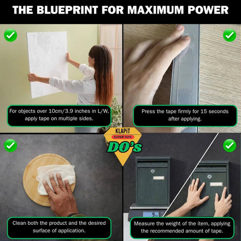 Four-step guide showing the use of Ultra Strong Clear Double Sided Tape With Enhanced Nano Technology Waterproof Mounting Adhesive, Heavy Duty Tape That Holds Up To 270 Lbs, Works On Plastic Metal Wood Glass Stone And More, 118 Inch Length, Versatile Indoor Outdoor Mount.