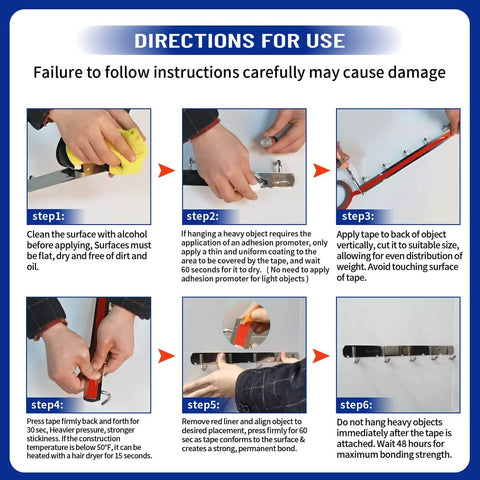 Instruction guide for using Ultra Strength Heavy Duty Double Sided Tape With Industrial Adhesive Waterproof Foam Mounting Tape