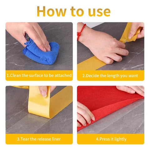 Step-by-step use of Heavy Duty Double Sided Tape For Crafts And Home Decor, Ultra Clear Adhesive For Photos, Rugs, Floors And Walls.
