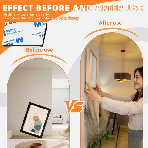 Comparison of ordinary tape and Heavy Duty Double Sided Tape For Walls 48 Pcs Waterproof Foam Adhesive Pads 1.96 X 1.18 Inches