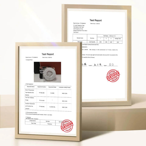 Framed laboratory test reports for nano clear double-sided tape with certified stamp on each document, shown in office setting
