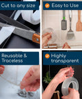 Heavy Duty Double Sided Tape 16.5 Feet Clear Mounting Tape For Walls And Surfaces Crazy Sticky Yet Gentle On Walls; scissors cutting tape, tape used on kitchen tools, tape washed, and tape hanging.