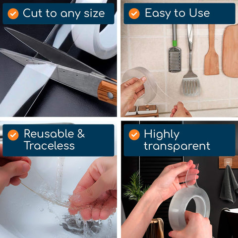 Heavy Duty Double Sided Tape 16.5 Feet Clear Mounting Tape For Walls And Surfaces Crazy Sticky Yet Gentle On Walls; scissors cutting tape, tape used on kitchen tools, tape washed, and tape hanging.