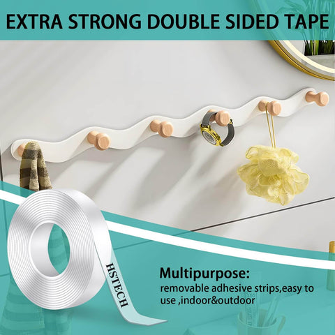 Heavy Duty Double Sided Tape Half Inch By 10 Feet Clear Acrylic Mounting Tape displayed with wall hooks and accessories