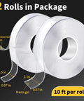 Heavy Duty Double Sided Tape Roll Set, 2 rolls 10 ft each, clear nano gel, widths 0.5 in and 1 in, removable wall mounting tape