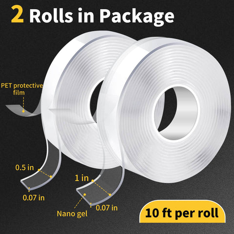 Heavy Duty Double Sided Tape Roll Set, 2 rolls 10 ft each, clear nano gel, widths 0.5 in and 1 in, removable wall mounting tape