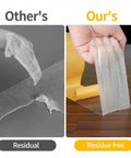 Comparison showing heavy duty double sided tape for crafts and home decor, ultra clear adhesive for photos, rugs, no residue