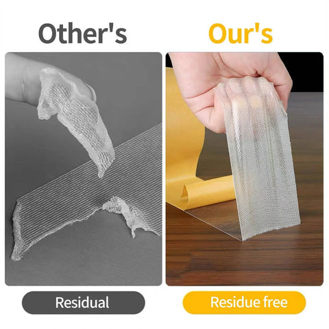 Comparison showing heavy duty double sided tape for crafts and home decor, ultra clear adhesive for photos, rugs, no residue