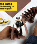 Person crafting with double sided tape and paper, highlighting Double Sided Tape For Gift Wrapping And Crafts, Snaps On Quick.