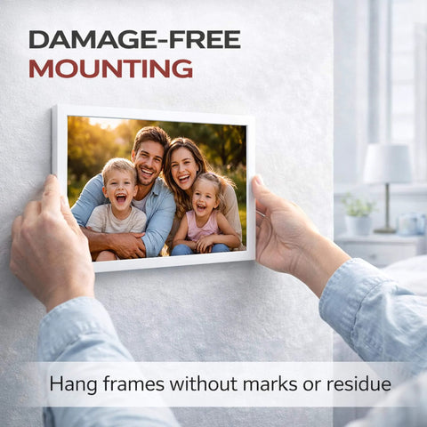Person mounting a picture frame using Heavy Duty Double Sided Tape For Indoor And Outdoor Use, Ultra Strong Mounting Tape That Sticks To Smooth Surfaces Without Nails, Washable Nano Tape For Picture Frames, Carpets And Decor, 1.18 Inch By 118 Inch, 9.85 Feet.