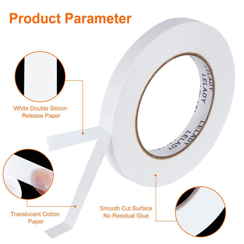 Double Sided Tape Half Inch By Forty Yards Four Rolls Sticky Adhesive for arts and crafts, translucent, thin, easy tear without scissors