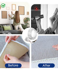 Collage showing before and after use of Heavy Duty Double Sided Tape Nano Mounting Tape Clear Multipurpose Adhesive for Home and Office.