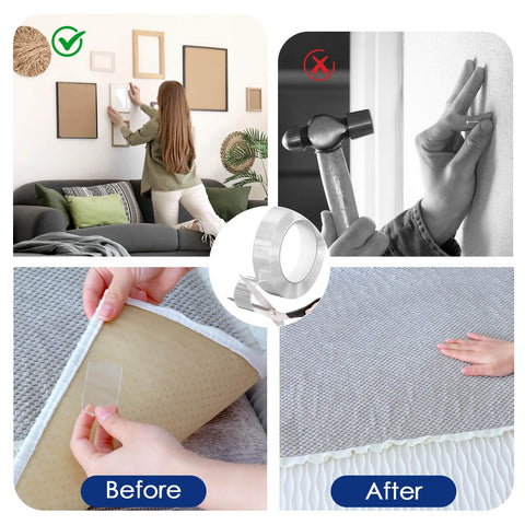 Collage showing before and after use of Heavy Duty Double Sided Tape Nano Mounting Tape Clear Multipurpose Adhesive for Home and Office.