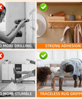 Heavy Duty Double Sided Tape Nano Tech Adhesive securing shelves and rugs, showcasing strong adhesion and traceless grip.