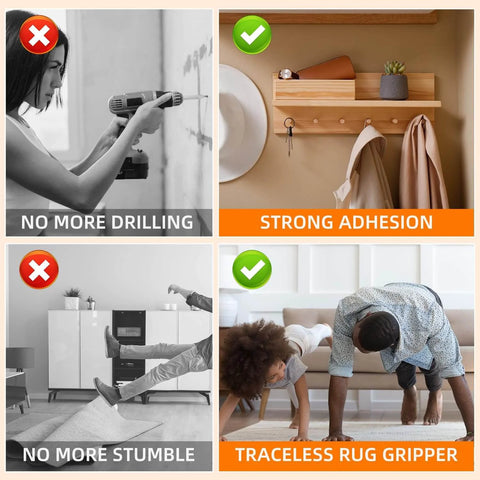 Heavy Duty Double Sided Tape Nano Tech Adhesive securing shelves and rugs, showcasing strong adhesion and traceless grip.