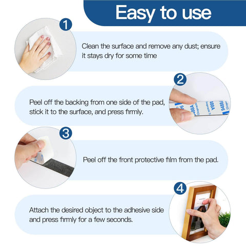 Instructional guide for using 52 Pcs Double Sided Adhesive Pads And Strips Heavy Duty Mounting Tape For Walls Hanging Mirrors And Heavy Objects 2mm Thick Includes 24 Square Pads And 28 Strip Pads For DIY Home Office Projects