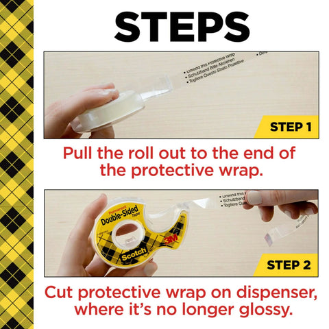 Steps to use Double Sided Tape For Gift Wrapping And Crafts, Snaps On Quick, showing unwinding and cutting tape.