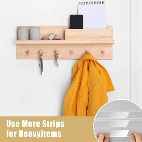 Wooden wall rack with items, keys, jacket hanging, and Heavy Duty Nano Double Sided Tape Bulk Pack used for mounting shown inset