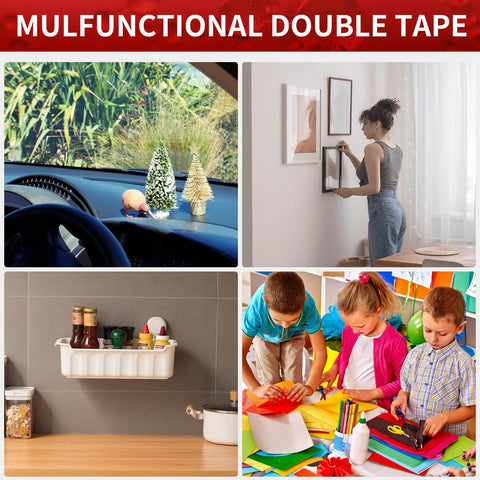 Heavy Duty Double Sided Tape 2 Roll Mounting Kit, 19.68 Ft Total, used in car, home decor, kitchen, and DIY crafts.