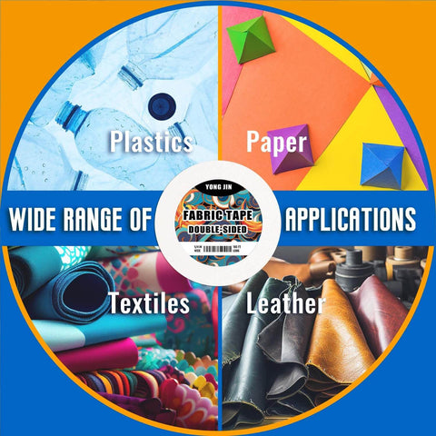 Double-Sided Fabric Tape packaging emphasizes wide range of applications on plastics, paper, textiles, and leather.