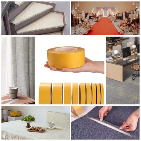 Ultra Thin Heavy Duty Double Sided Tape 2 Inch By 66 Feet Clear Mounting Tape for walls and crafts, shown with various uses