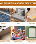 Heavy Duty Double Sided Fabric Tape used on carpets, sofas, as hem tape, accessories fixing, party decor, and photo frames.