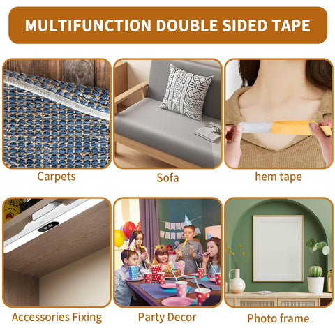 Heavy Duty Double Sided Fabric Tape used on carpets, sofas, as hem tape, accessories fixing, party decor, and photo frames.