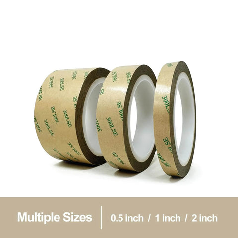 Three rolls of brown tape with green text, in sizes 0.5 inch, 1 inch, and 2 inch, displayed on a white background.