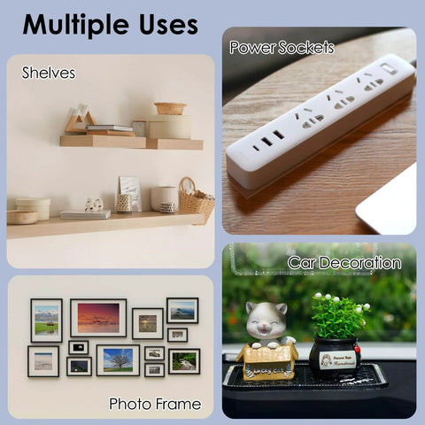 Heavy Duty Double Sided Tape Nano Mounting Tape Clear Multipurpose Adhesive For Home And Office in use on shelves, photo frames, power sockets, and car decoration.
