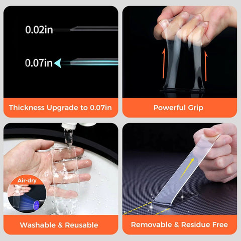Features of Double Sided Tape Heavy Duty Mounting Tape 1.18 Inch By 10 Feet Nano Adhesive For Wall Decor, showing thickness, grip, washability, and removability.