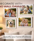 Living room with photo frames on wall using Heavy Duty Double Sided Tape For Indoor And Outdoor Use, Ultra Strong Mounting Tape That Sticks To Smooth Surfaces Without Nails, Washable Nano Tape For Picture Frames, Carpets And Decor, 1.18 Inch By 118 Inch, 9.85 Feet.