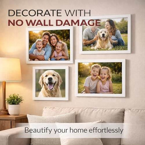 Living room with photo frames on wall using Heavy Duty Double Sided Tape For Indoor And Outdoor Use, Ultra Strong Mounting Tape That Sticks To Smooth Surfaces Without Nails, Washable Nano Tape For Picture Frames, Carpets And Decor, 1.18 Inch By 118 Inch, 9.85 Feet.