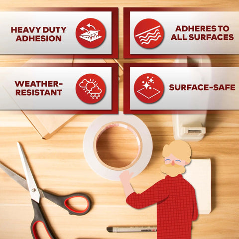 Clear Double Sided Tape Removable 1.5 Inch By 30 Yards A Real Workhorse For Gift Wrapping Carpet Securing And Woodworking And More displayed with craft tools