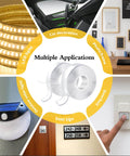 Heavy Duty Double Sided Tape Roll Set showing multiple applications including photo frames, LED lights, car interiors, and more.