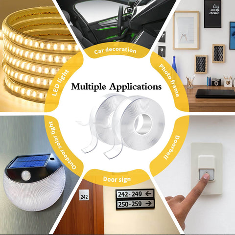 Heavy Duty Double Sided Tape Roll Set showing multiple applications including photo frames, LED lights, car interiors, and more.