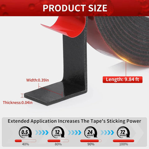 Heavy Duty Double Sided Tape 2 Roll Mounting Kit, 19.68 Ft Total, Waterproof Foam Tape dimensions and sticking power chart