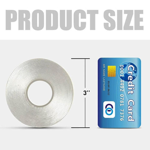 Transparent Double Sided Adhesive Tape 1/2 Inch By 10 Feet, Acrylic, next to credit card showing 3-inch diameter.