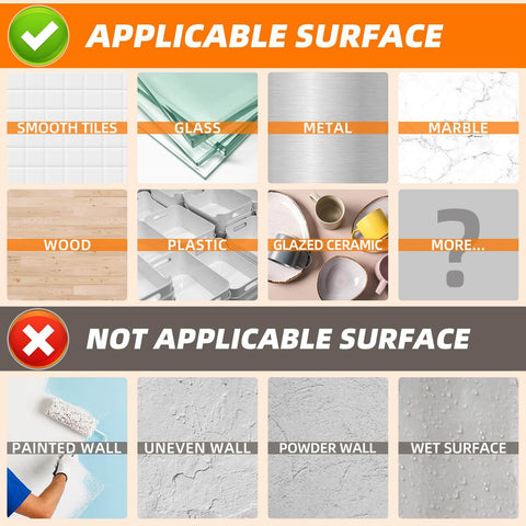 Image showing applicable and not applicable surfaces for Heavy Duty Double Sided Tape Nano Tech Adhesive For Mounting. Includes tiles, glass, metal