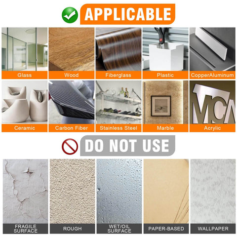 Chart showing surfaces for Heavy Duty Double Sided Tape: applicable on glass, wood, plastic; not for rough, wallpaper surfaces.