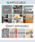Material compatibility chart for Heavy Duty Double Sided Tape For Walls Mounting Removable Clear Adhesive Strips One Point One Eight Inch By One Hundred Twenty Inch Nano Tech Acrylic Gel No Nails No Drill For Pictures Posters Decor And Rug Carpet, showing applicable surfaces like marble, ceramic tile, glass, metal, plastic, wood and not applicable on uneven, wet, powder, or painted walls.
