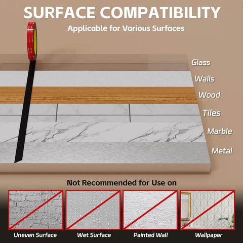Heavy Duty Double Sided Tape 1 Inch By 16 And A Half Feet shown on various surfaces like glass, wood, tiles; not for uneven surfaces