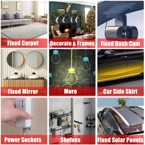 Extreme 1.18 Inch Double Sided Mounting Tape Heavy Duty Adhesive montage showing various uses, including car parts and home decor.